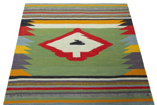 Close-up detail of New Kilim Sofre rug from Iran / Persia showing Wool weave