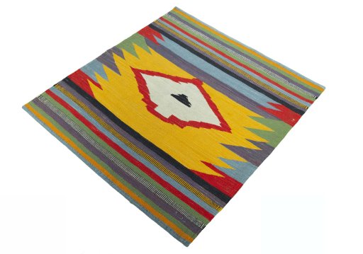 Corner detail of New Kilim Sofre rug showing border pattern and Wool pile