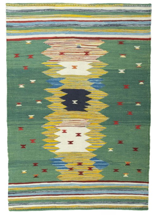 Full view of New Kilim Sofre rug from Turkey, 146 × 103 cm in Multi Color tones