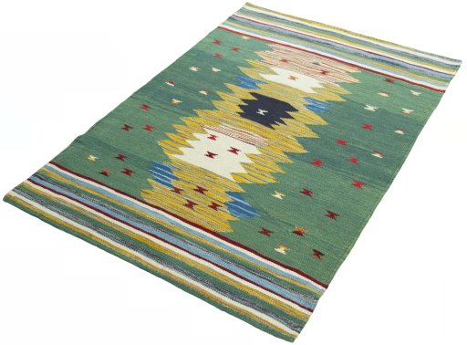 Corner detail of New Kilim Sofre rug showing border pattern and Wool pile