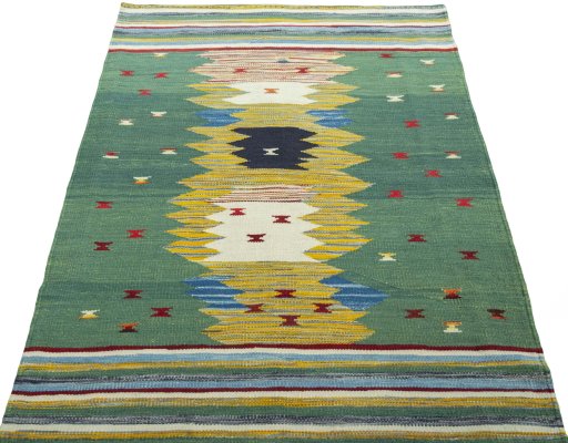 Close-up detail of New Kilim Sofre rug from Turkey showing Wool weave