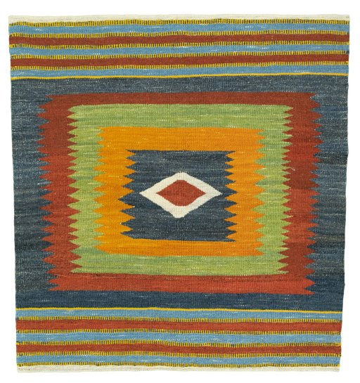 Full view of New Kilim Sofre rug from Turkey, 105 × 98 cm in Multi Color tones