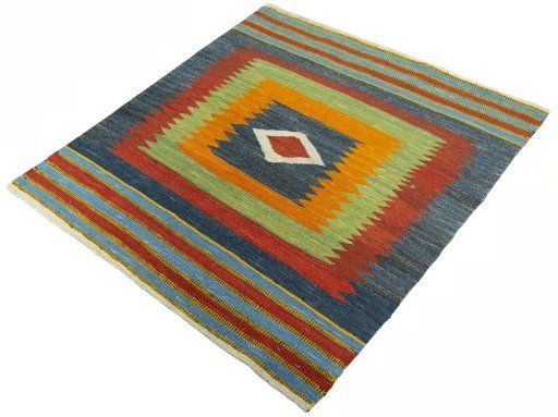 Corner detail of New Kilim Sofre rug showing border pattern and Wool pile