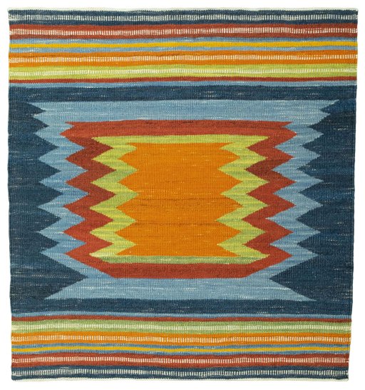 Full view of New Kilim Sofre rug from Turkey, 111 × 104 cm in Multi Color tones