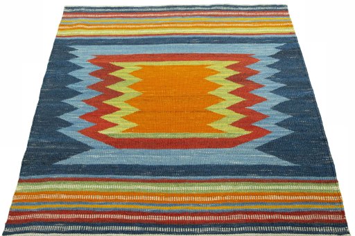 Close-up detail of New Kilim Sofre rug from Turkey showing Wool weave