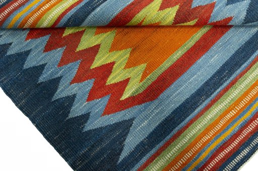 Full view of New Kilim Sofre rug from Turkey, 111 × 104 cm in Multi Color tones