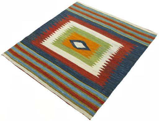 Corner detail of New Kilim Sofre rug showing border pattern and Wool pile