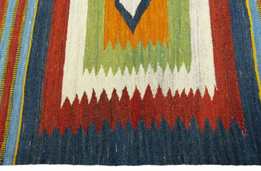 Close-up detail of New Kilim Sofre rug from Turkey showing Wool weave