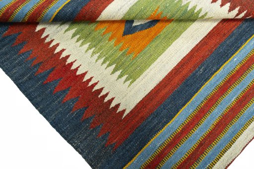 Full view of New Kilim Sofre rug from Turkey, 107 × 98 cm in Multi Color tones