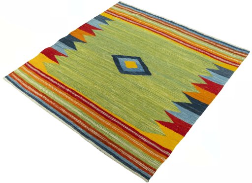 Corner detail of New Kilim Sofre rug showing border pattern and Wool pile