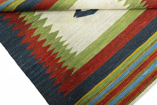 Full view of New Kilim Sofre rug from Turkey, 110 × 99 cm in Multi Color tones