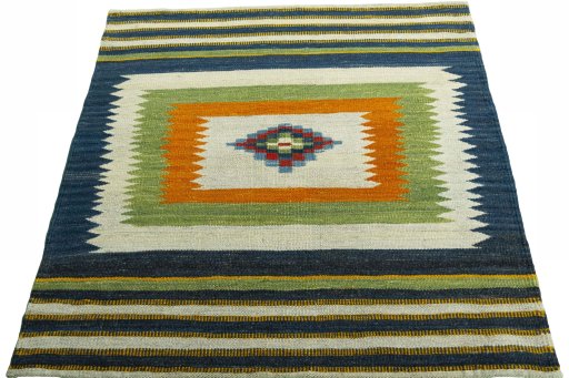 Close-up detail of New Kilim Sofre rug from Turkey showing Wool weave