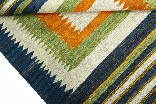 Full view of New Kilim Sofre rug from Turkey, 105 × 98 cm in Multi Color tones