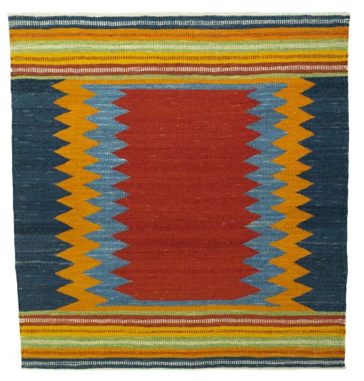 Full view of New Kilim Sofre rug from Turkey, 118 × 110 cm in Multi Color tones