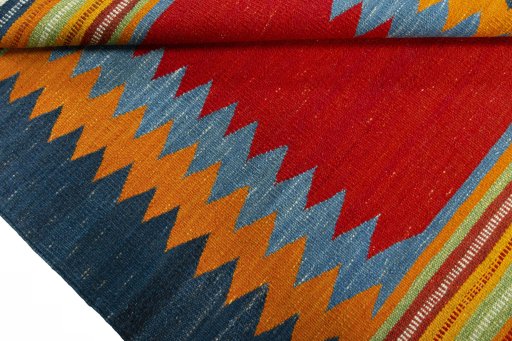 Full view of New Kilim Sofre rug from Turkey, 118 × 110 cm in Multi Color tones