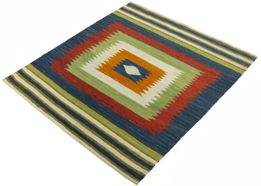 Corner detail of New Kilim Sofre rug showing border pattern and Wool pile