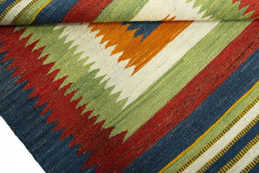 Full view of New Kilim Sofre rug from Turkey, 105 × 96 cm in Multi Color tones