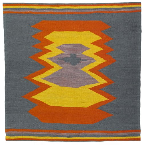 Full view of New Kilim Sofre rug from Turkey, 116 × 113 cm in Multi Color tones