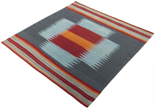 Corner detail of New Kilim Sofre rug showing border pattern and Wool pile