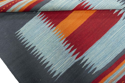 Full view of New Kilim Sofre rug from Turkey, 124 × 123 cm in Multi Color tones