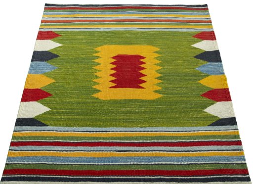 Close-up detail of New Kilim Sofre rug from Turkey showing Wool weave