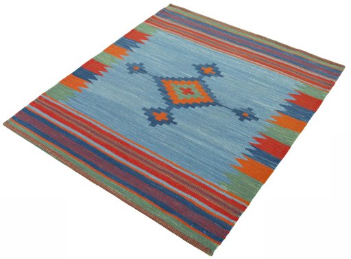 Corner detail of New Kilim Sofre rug showing border pattern and Wool pile
