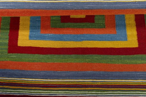 Full view of New Kilim Sofre rug from Turkey, 101 × 101 cm in Multi Color tones