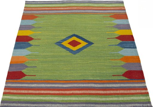 Close-up detail of New Kilim Sofre rug from Turkey showing Wool weave