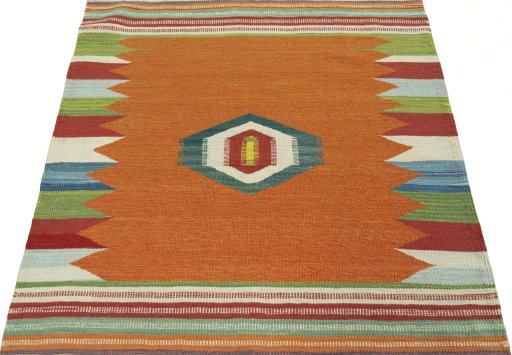 Close-up detail of New Kilim Sofre rug from Turkey showing Wool weave