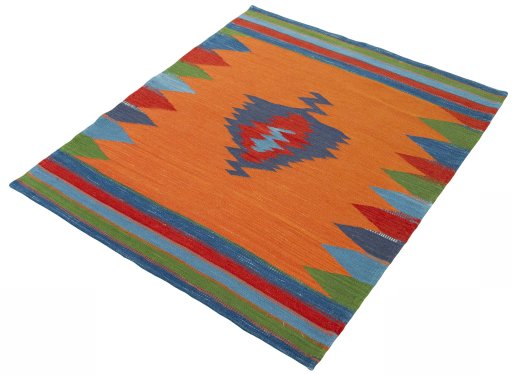 Corner detail of New Kilim Sofre rug showing border pattern and Wool pile
