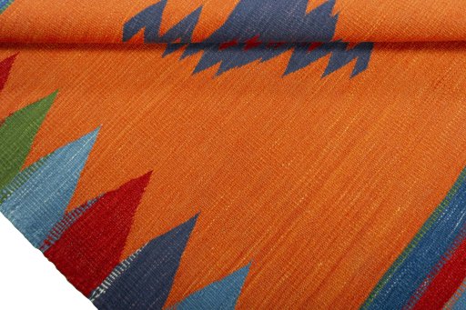 Full view of New Kilim Sofre rug from Turkey, 119 × 105 cm in Multi Color tones