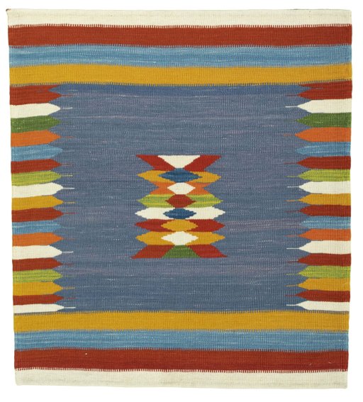 Full view of New Kilim Sofre rug from Turkey, 107 × 96 cm in Multi Color tones