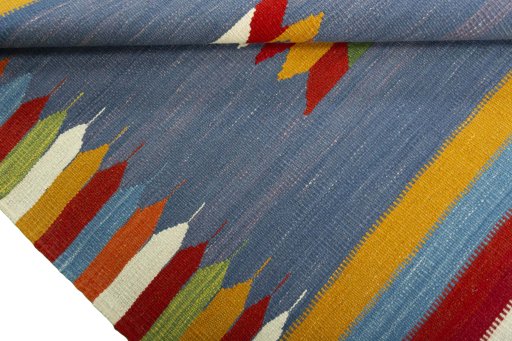 Full view of New Kilim Sofre rug from Turkey, 107 × 96 cm in Multi Color tones