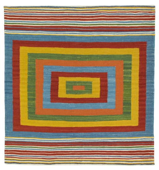 Full view of New Kilim Sofre rug from Turkey, 104 × 98 cm in Multi Color tones