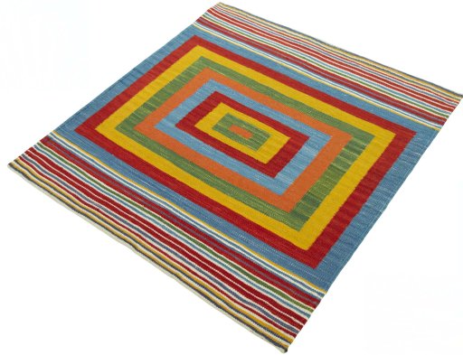 Corner detail of New Kilim Sofre rug showing border pattern and Wool pile