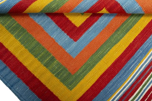 Full view of New Kilim Sofre rug from Turkey, 104 × 98 cm in Multi Color tones