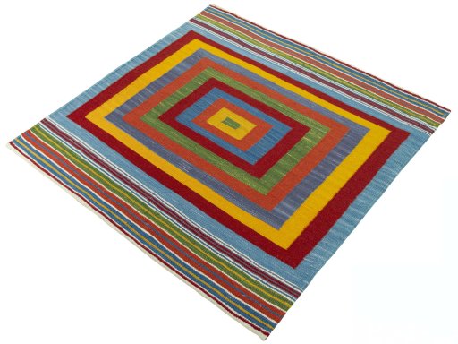 Corner detail of New Kilim Sofre rug showing border pattern and Wool pile