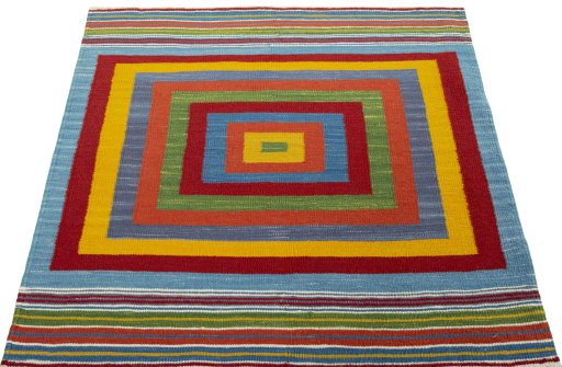 Close-up detail of New Kilim Sofre rug from Turkey showing Wool weave
