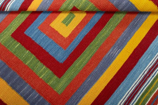 Full view of New Kilim Sofre rug from Turkey, 101 × 102 cm in Multi Color tones