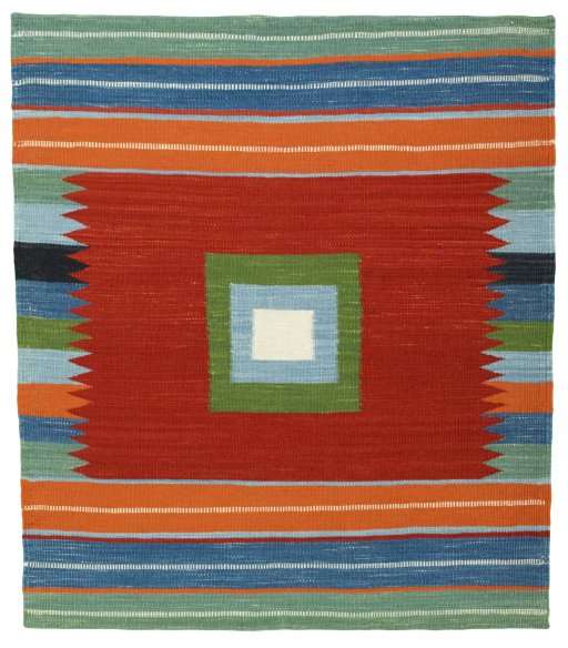 Full view of New Kilim Sofre rug from Turkey, 116 × 101 cm in Multi Color tones