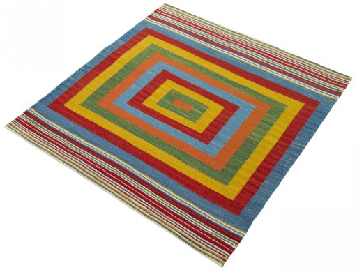 Corner detail of New Kilim Sofre rug showing border pattern and Wool pile