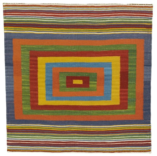 Full view of New Kilim Sofre rug from Turkey, 104 × 101 cm in Multi Color tones