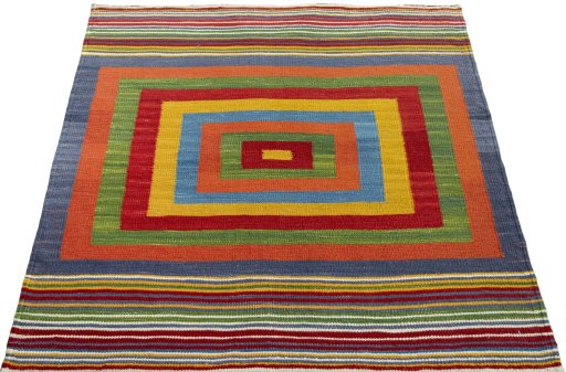 Close-up detail of New Kilim Sofre rug from Turkey showing Wool weave