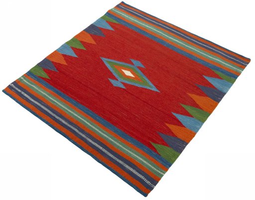 Corner detail of New Kilim Sofre rug showing border pattern and Wool pile