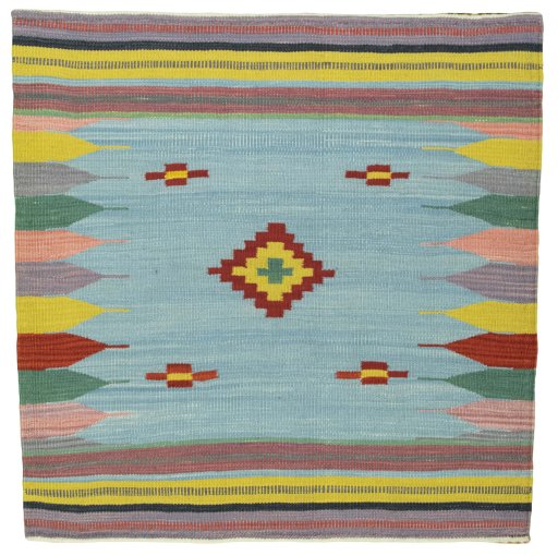 Full view of New Kilim Sofre rug from Turkey, 100 × 100 cm in Multi Color tones