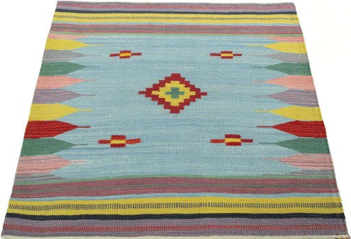 Close-up detail of New Kilim Sofre rug from Turkey showing Wool weave