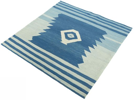Corner detail of New Kilim Sofre rug showing border pattern and Wool pile