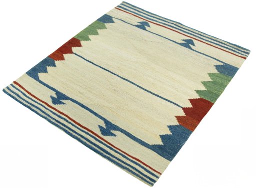 Corner detail of New Kilim Sofre rug showing border pattern and Wool pile
