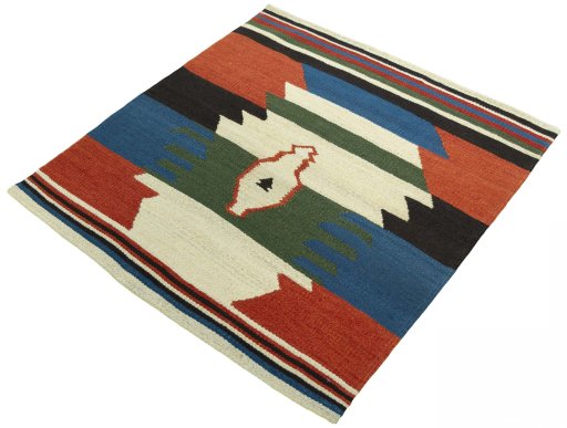 Corner detail of New Kilim Sofre rug showing border pattern and Wool pile