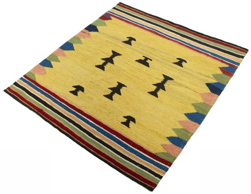Corner detail of New Kilim Sofre rug showing border pattern and Wool pile